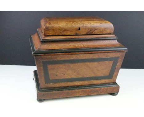 19th Century tea caddy of sarcophagus form, opening to a twin compartment mahogany lidded interior, raised on four bun feet, 