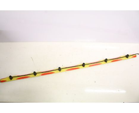 Painted wooden fairground light bulb baton with carved scallop chamfered edges, in traditional colours with six bayonet lamp 