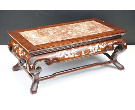 Chinese small hardwood table top stand of rectangular form, with mother of pearl inlaid dragon decoration, with red marble to