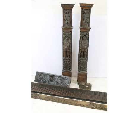 Group of antique carved wooden architectural salvage, six pieces to include a pair of column type pieces with detailed carvin