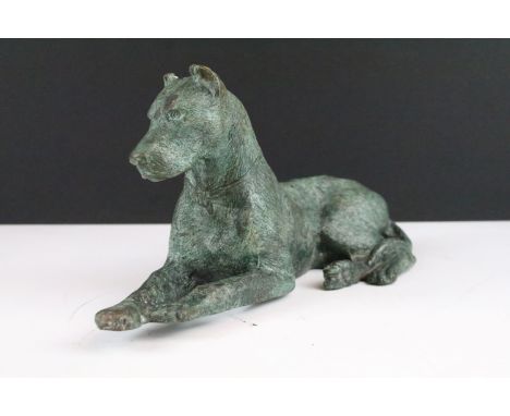 Patinated bronze model of a recumbent Great Dane, approx 28cm long 