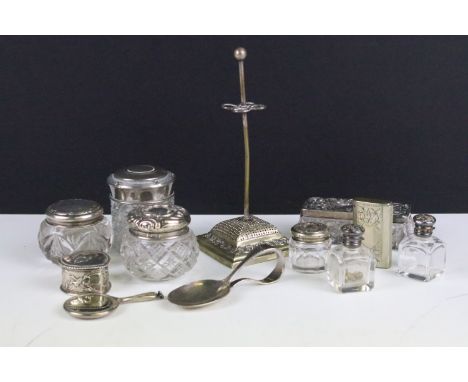 Collection of silver &amp; silver plate to include a late Victorian silver heart shaped pill box, four silver lidded vanity c