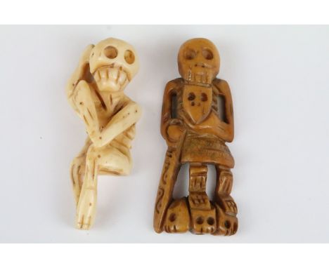 Two carved bone netsuke figures in the form of skeletons, 5.5cm - 6cm 