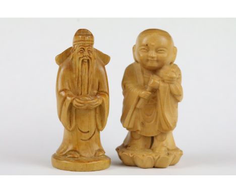Two carved wooden netsuke figure to include a Little Monk and an Old Man with offering, 6cm approx 