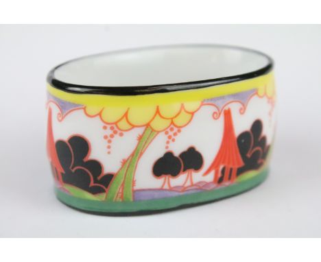 Clarice Cliff 'Summerhouse' pattern porcelain napkin ring, approx 5.5cm wide, printed mark to base 