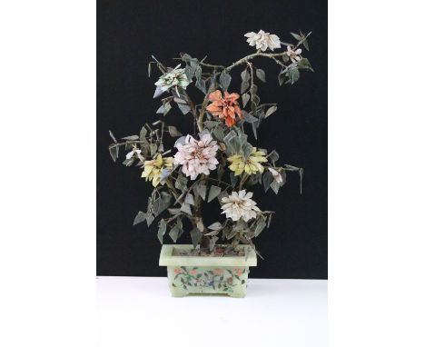 Chinese hardstone Bonsai tree, housed within a jade planter, approx 54cm high 