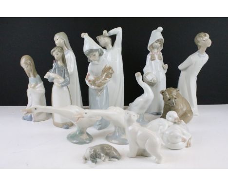 Collection of 14 Lladro &amp; Nao porcelain figures to include Lladro Girl With Rooster, Lladro Shepherd Girl, Lladro Boy Awa