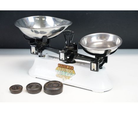 Set of early - mid 20th C Leicester Scale Co Ltd enamel weighing scales 'to weigh 2lb', decal showing some loss but scales in