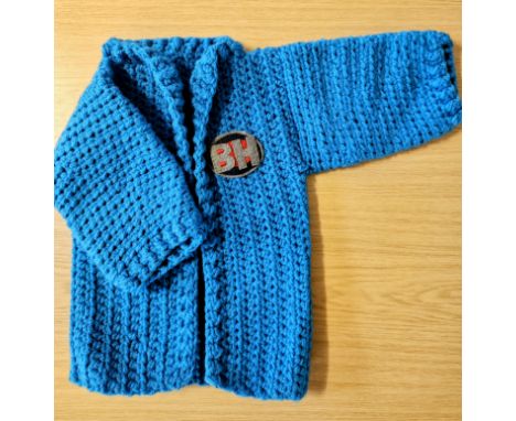 A miniature blue Bargain Hunt jacket (approx. for a one year old) hand-crocheted and appliquéd by Bargain Hunt contestants, N