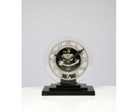 ATO, circa 1930Skeleton clock from the Léon Hatot workshop with and dial in plexiglass or beveled glass, staircase base in ba