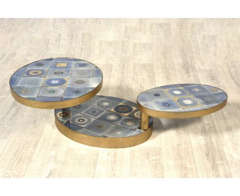 GEORGES PELLETIER (Born in 1938)Low table in blue ceramic and brass frame with three trays of which the two upper ones mobile