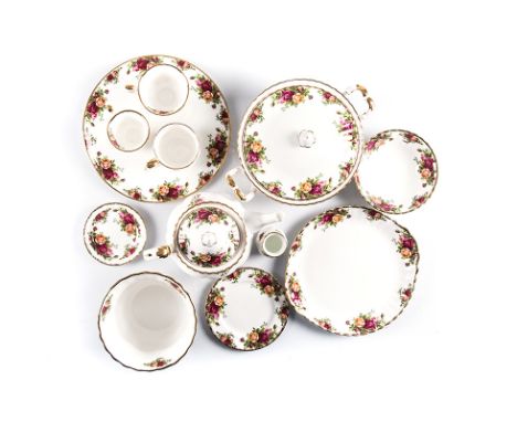 A ROYAL ALBERT ‘OLD COUNTRY ROSES’ PATTERN PART DINNER AND TEA SERVICE, 1962 each with pink and yellow roses with green folia