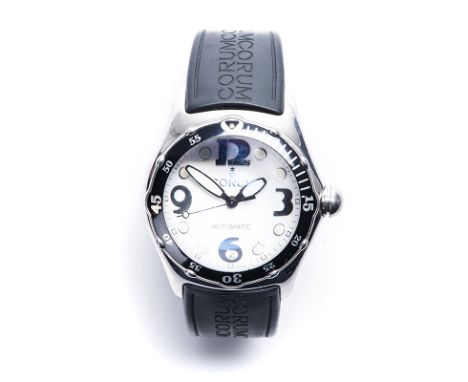 A GENTLEMAN'S STAINLESS STEEL WRISTWATCH, CORUM reference number: 82.180.20, automatic, the circular white bubble dial, appli