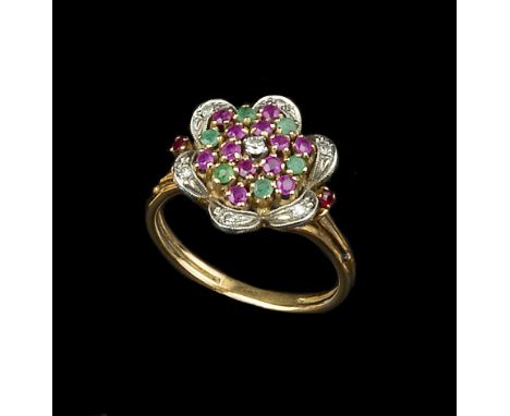 A RUBY, EMERALD AND DIAMOND DRESS RING, modelled as a stylized flowerhead cluster of circular mixed-cut rubies and emeralds e