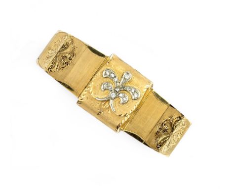 A LADY'S 18CT GOLD AND DIAMOND SET BRACELET WATCH, the tapered segmented bracelet engraved with foliate scrolls to a textured