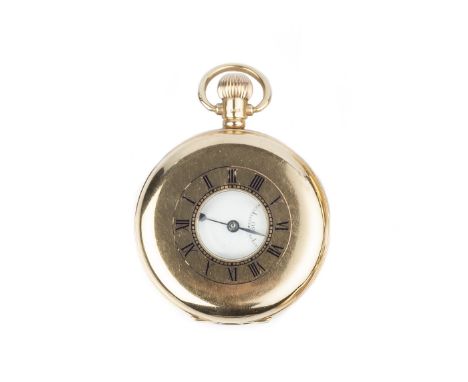 A 9CT GOLD HALF HUNTER POCKET WATCH, the circular dial with Arabic numerals and subsidiary seconds dial, to a keyless wind mo