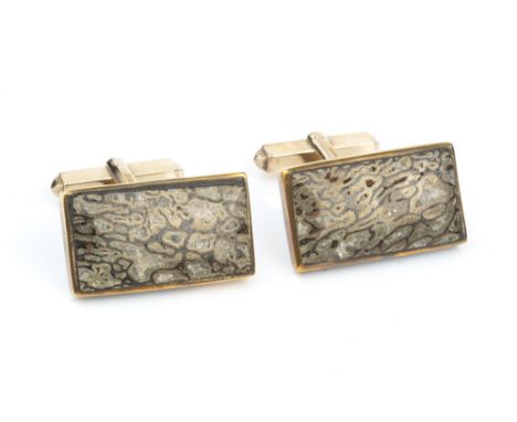 A PAIR OF RECTANGULAR PANEL CUFFLINKS, 9ct gold mounted, with hinged baton fittings, panel length 2.3cm