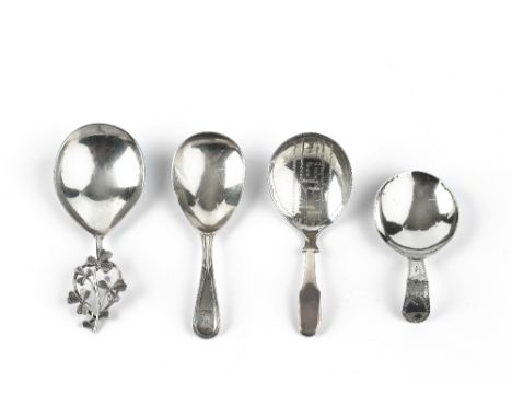 A GEORGE III SILVER CADDY SPOON, with circular bowl and bright cut handle, maker's mark indistinct, London 1794, 7cm; two ear