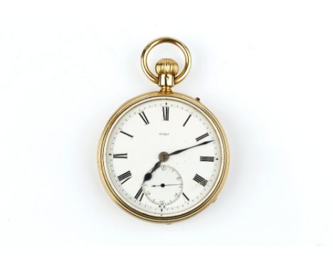 A VICTORIAN 18CT GOLD OPEN FACE POCKET WATCH, the circular dial with Roman numerals and subsidiary seconds dial, to a keyless