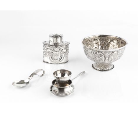 AN EDWARDIAN SILVER OVAL TEA CADDY AND COVER, repoussé decorated with flowers and 'C' scrolls, by Deakin &amp; Francis Ltd, B