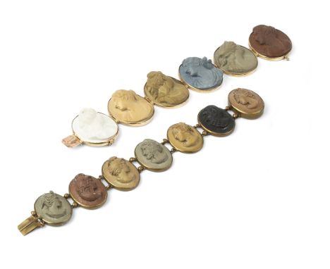 TWO LAVA CAMEO BRACELETS, each comprising a line of oval vari-coloured lava cameo panels, carved to depict classical portrait