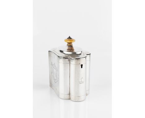 A GEORGE III SILVER TEA CADDY, of shaped and waisted outline, the hinged cover with ivory finial, engraved crest to each side