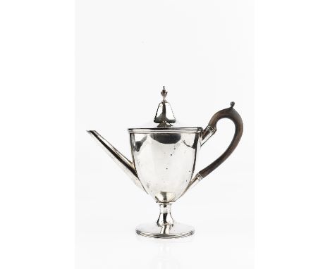 A GEORGE III SILVER ARGYLE, with urn shaped body and finial, fruitwood handles and reeded borders, the interior with lidded r