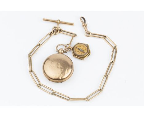 A FETTER-LINK ALBERT CHAIN, with T-bar suspension stamped '15 .625' and swivel clasp stamped '9ct', suspending a sovereign ca