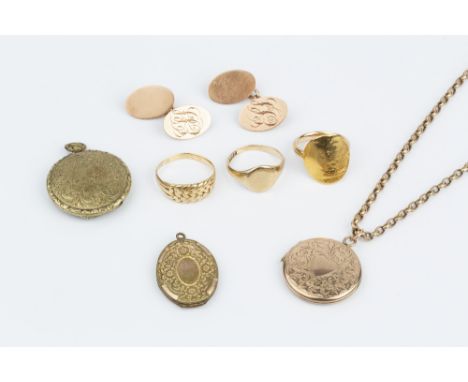 A COLLECTION OF JEWELLERY, comprising a pair of monogrammed oval panel cufflinks, stamped '9ct', an 18ct gold keeper ring, a 