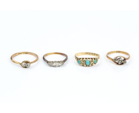 FOUR GEM SET DRESS RINGS, comprising a diamond five stone ring, stamped '18c', two diamond set crossover rings, each stamped 