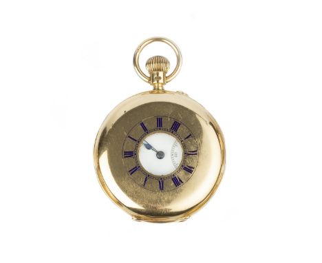 AN EDWARDIAN 18CT GOLD HALF HUNTER POCKET WATCH, the circular white dial with Roman numerals and subsidiary seconds dial, to 