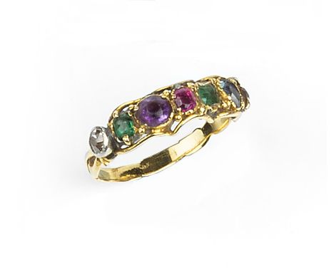A GEM SET 'DEAREST' RING, the scroll decorated hoop set with a line of vari-cut coloured stones, to include diamond, amethyst