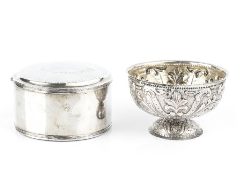 A 19TH CENTURY DUTCH PEDESTAL SUGAR BASIN, embossed and engraved with stylised scrolling foliage, on slightly domed foot, 12c