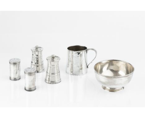 AN EDWARDIAN SILVER SUGAR BASIN, by Stokes &amp; Ireland Ltd, Chester 1904m 9.5cm wide; a silver christening mug, London 1929