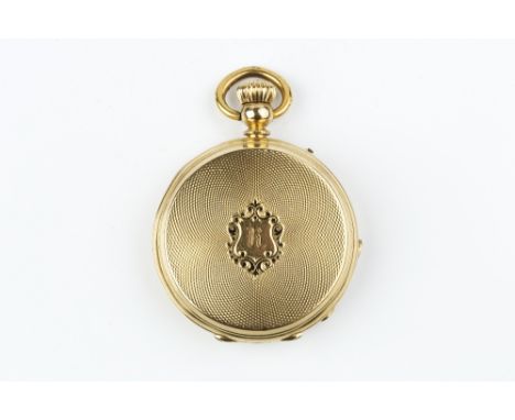 A HUNTER FOB WATCH, the circular white dial with Roman numerals, to a keyless wind movement, the engine-turned case stamped '