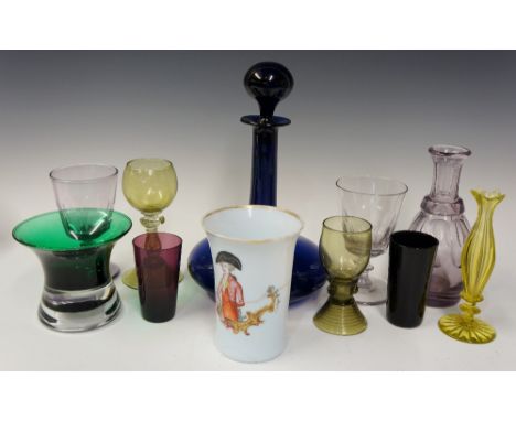 A quantity of miscellaneous Victorian and later coloured glassware including large blue glass decanter and stopper, amethyst 