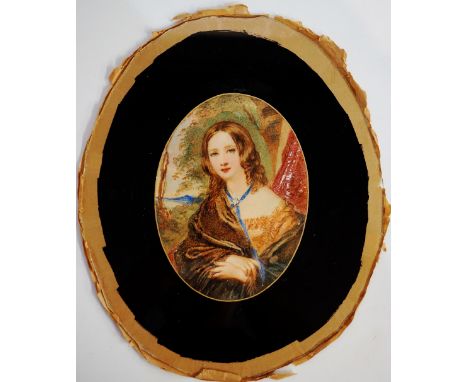 English School, mid 19th Century - half length portrait of a young girl, seated, with landscape beyond, oval, watercolour, 16