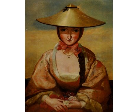 English School, mid 19th Century - portrait of a young girl, seated half length holding flowers, cross at her neck and wearin
