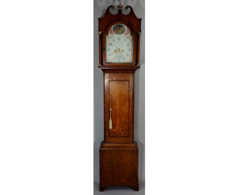 A George III oak cottage longcase clock, the hood with swan neck pediment centred on a finial the white enamel dial painted t