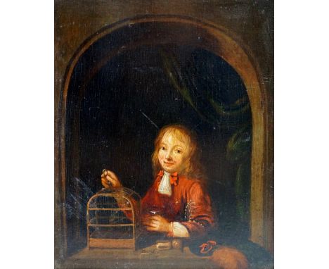 Continental School, late 17th /early 18th Century - portrait of a young boy, half length holding a cage with bird, oil on boa