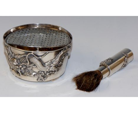 A Chinese silver shaving cup and brush the slightly tapered cylindrical cup cast with Dragon Chasing The Flaming Pearl, star 