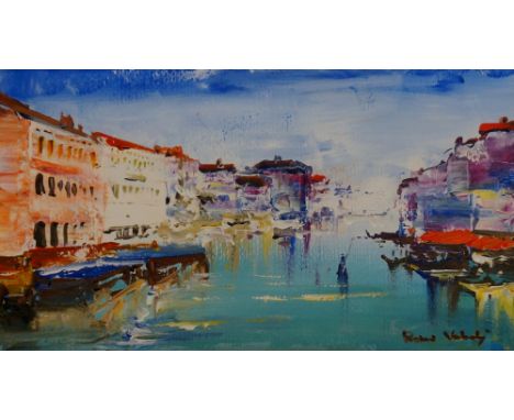 R. L. Valente - Venice, acrylic on board, signed lower right, 18cm x 33cm, framed