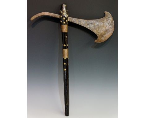 An Angolan axe with iron blade the club shaped handle applied brass stud and banded copper wire detail, 49cm high overall, 19