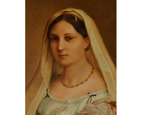 English School, mid 19th Century - head and shoulder portrait of a young woman after Raphael, watercolour heightened with bod