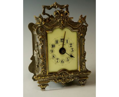 A French carriage clock the silver plated brass case with cast front of ribbon tied swags, birds and foliage, cream dial with