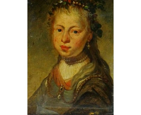 Continental School, late 19th Century - head and shoulder portrait of a young girl her hair with garland, oil on artist board