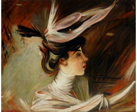 Giovanni Baldini (after) - head and shoulder portrait of a woman wearing a feather trimmed hat, oil on canvas, 64cm x 76cm, u