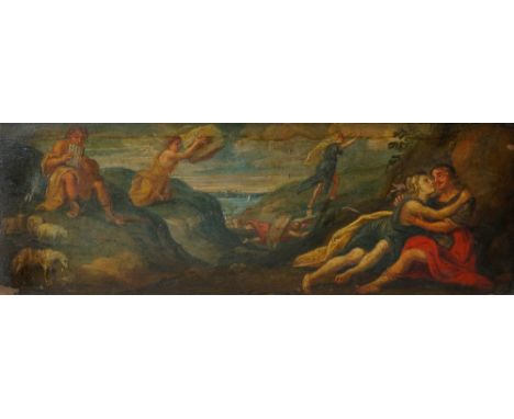 Italian School, 17th Century - romantic figures in extensive landscape with sheep, angels and figure playing pipes, oil on bo