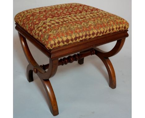 A Victorian mahogany X-frame stool with stuffed over top the legs with turned stretcher, 48cm wide, late 19th Century