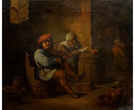 Dutch School, 17th Century - tavern interior with figure playing a bow, oil on canvas, 31cm x 37cm, unframed (re-lined and cl